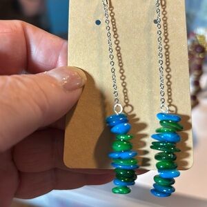 Green and blue stacked dyed seashell chip earrings
